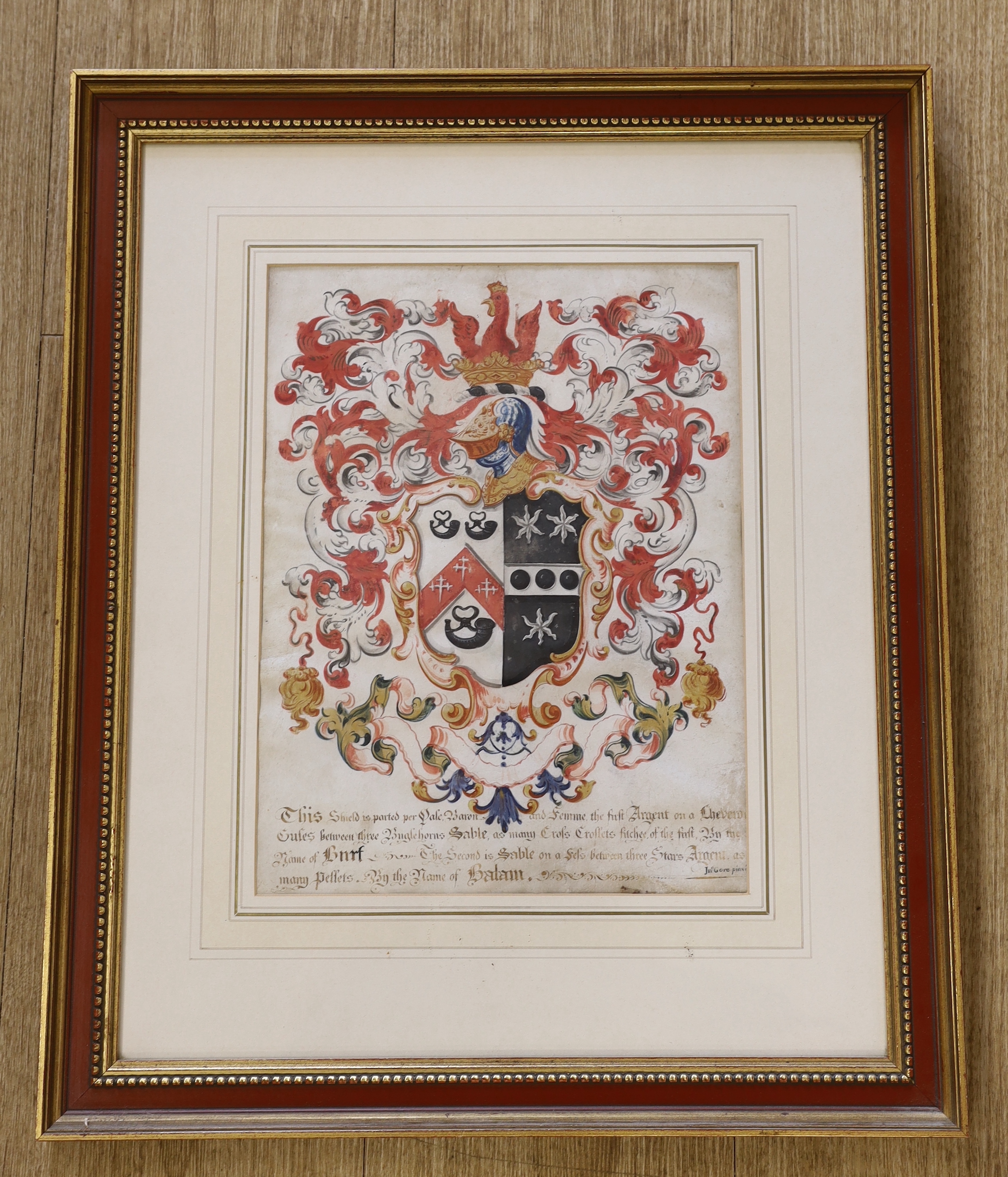 Jno. Gore (18th C.), illuminated parchment, Armorial for the Burt Family, signed, 32 x 24cm